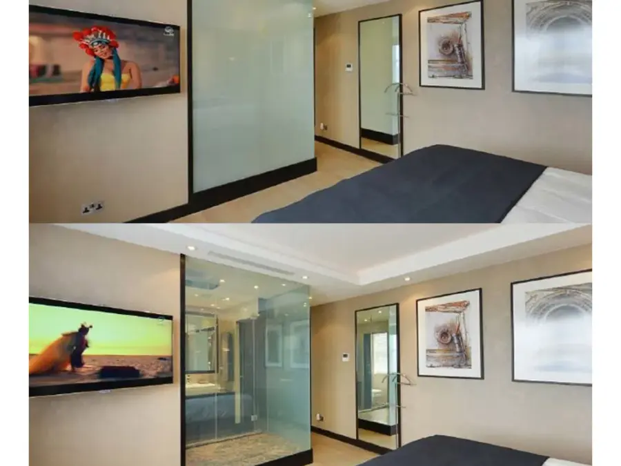 Quarto e banheiro de residência de alto padrão com película inteligente